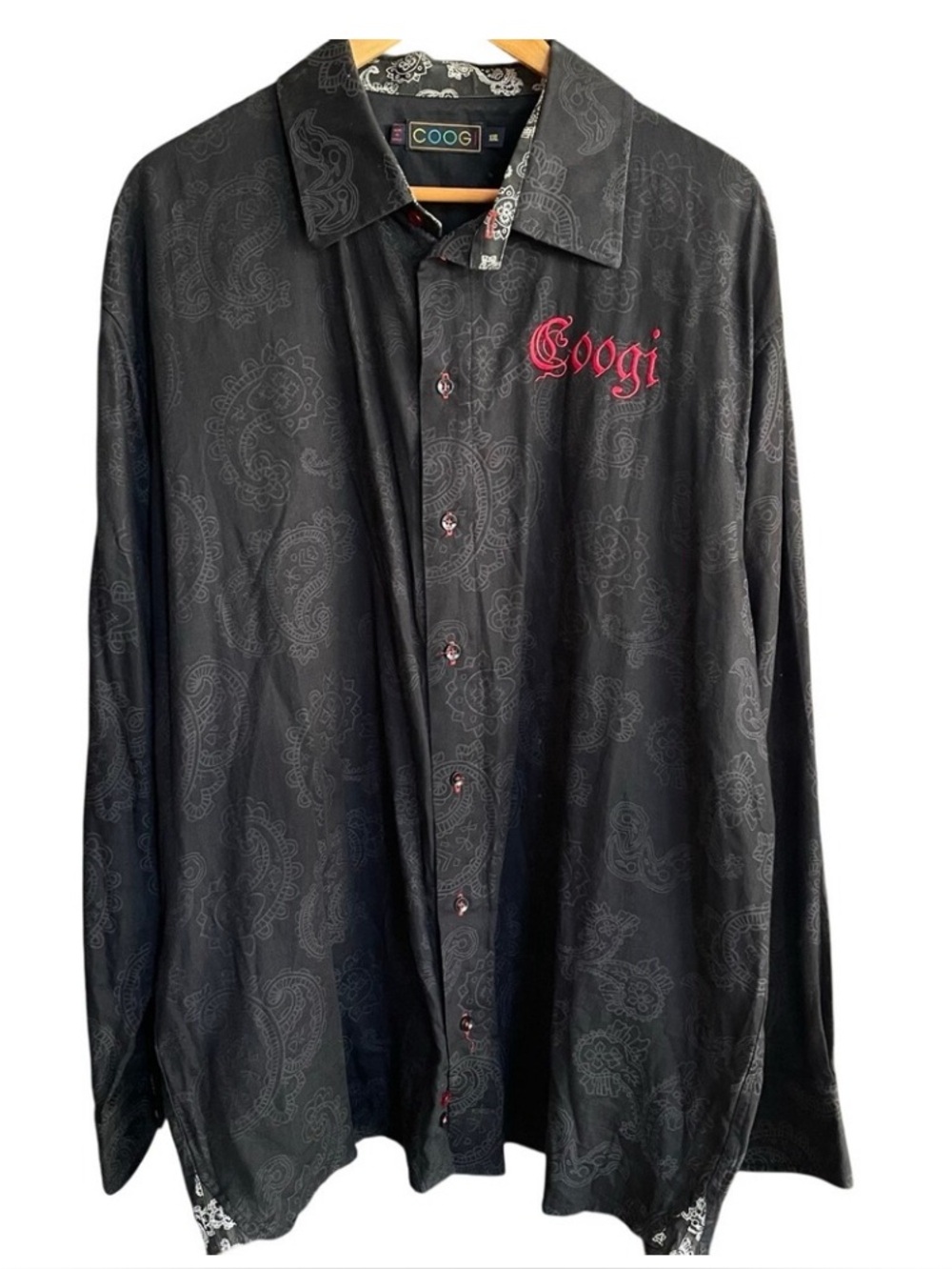 Vintage COOGI Button Down Shirt Black Red Embroidered Logo Long Sleeve XXL